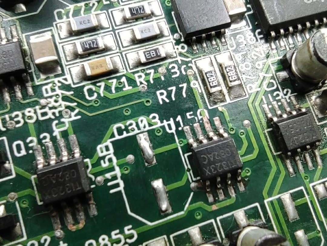 Primo piano delle piste danneggiate da acido elettrolitico nella zona C771-R77 della scheda Amiga CD32